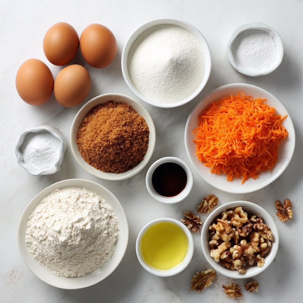 The image shows several ingredients for baking arranged neatly on a white marbled surface. There are four brown eggs placed close together on the left top side. Next to them is a white bowl filled with white sugar, which has a smooth, slightly curved texture on top. To the right, a white plate holds a mound of bright orange grated carrots. Below the eggs is a white bowl with packed brown sugar, rough and crumbly in texture. Near the center is a small white cup with dark vanilla extract, shiny and smooth. A white bowl with light yellow vegetable oil sits below the sugar. Next to it are small white plates containing white baking powder, a portion of white salt, and white baking soda, all fine and powdery. There is a larger white plate filled with white flour, which is smooth with slight indentations at the center. A small white bowl of chopped walnuts with brown and tan pieces is nearby. Lastly, a small tipped white jar spills some light brown cinnamon powder onto the surface. photo taken with an iphone --ar 4:5 --v 7
