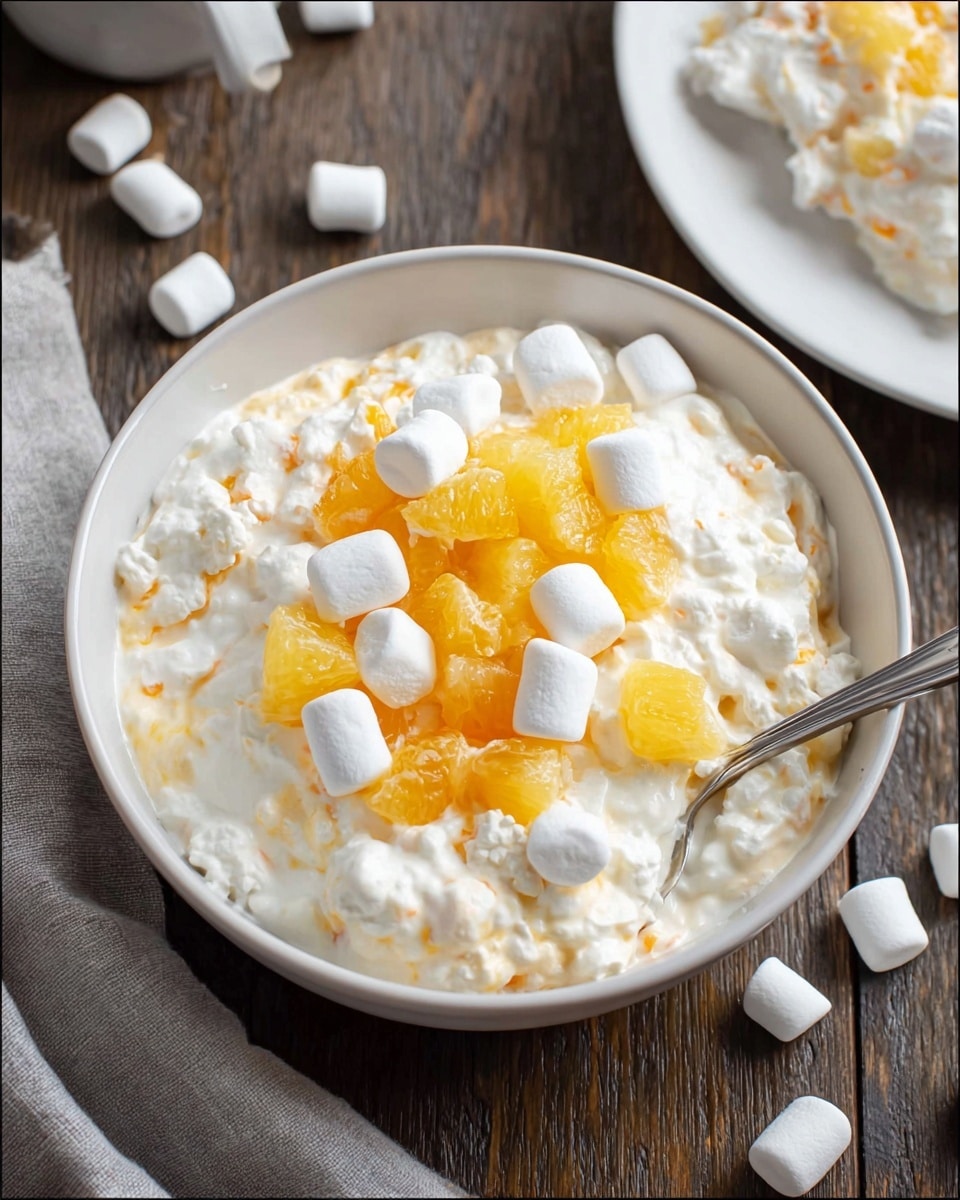 A white bowl filled with a creamy mixture, mainly made of white cottage cheese and small orange pieces mixed evenly throughout. On top, there are small white marshmallows scattered and a few bright yellow chunks of fruit layered in the center. A silver spoon rests inside the bowl, partially covered by the creamy mix. The bowl is placed on a dark wooden surface with some scattered marshmallows around it, and a light gray cloth is seen near the edge. Another white plate with a similar mixture is slightly visible in the upper right corner. Photo taken with an iphone --ar 4:5 --v 7