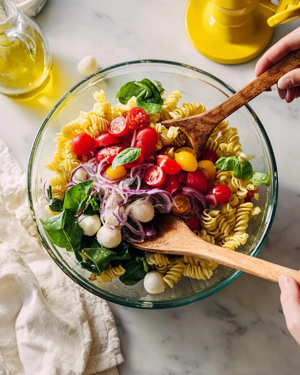 A clear glass bowl holds a fresh pasta salad with five visible layers: at the bottom, dark green basil leaves, on top of that thin purple slices of onion, next small white mozzarella balls, then pale yellow spiral pasta, and bright red and yellow cherry tomato halves on the very top. Two wooden spoons are inside the bowl, mixing the salad, and a woman's hand is holding one of the spoons. The bowl sits on a white marbled surface with a white cloth nearby, with a yellow citrus juicer and a glass bottle of olive oil in the background. photo taken with an iphone --ar 4:5 --v 7