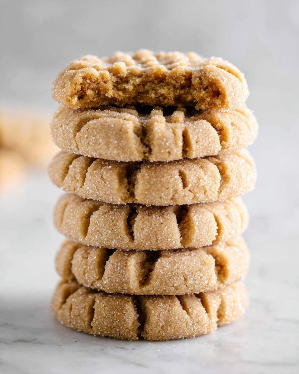 A stack of six light brown peanut butter cookies with a sugar-coated surface is placed on a white marbled surface. The top cookie is broken in half, showing a soft, crumbly inside texture. Each cookie has a distinctive crisscross fork pattern pressed into its surface, adding a textured detail. The cookies are evenly stacked vertically with slight shadows between each layer, highlighting their thickness and soft crumb. The background is blurred with a soft gradient of light gray to white, keeping the focus on the cookie stack. photo taken with an iphone --ar 4:5 --v 7
