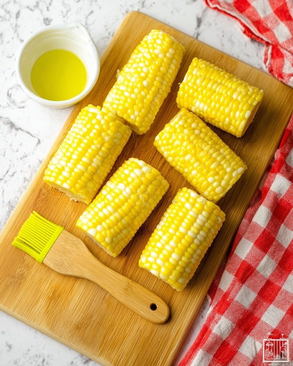 The image shows six cut pieces of yellow and white corn on the cob, arranged on a light brown wooden cutting board. Near the top left of the cutting board, there is a small white cup filled with melted butter. Toward the bottom left, a yellow silicone brush with a wooden handle lies flat on the board. The background is a white marbled surface with a red and white checkered cloth partially visible in the top right corner. photo taken with an iphone --ar 4:5 --v 7