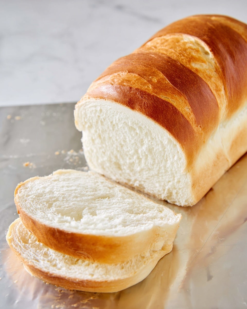 The image shows a loaf of bread with a golden brown top crust and a light, soft inside. The loaf has three shallow cuts on top that add texture. Two slices are placed in the foreground, showing the fluffy, white inside with a smooth texture. The bread is resting on a clear, slightly shiny surface that sits on a white marbled background. Photo taken with an iphone --ar 4:5 --v 7