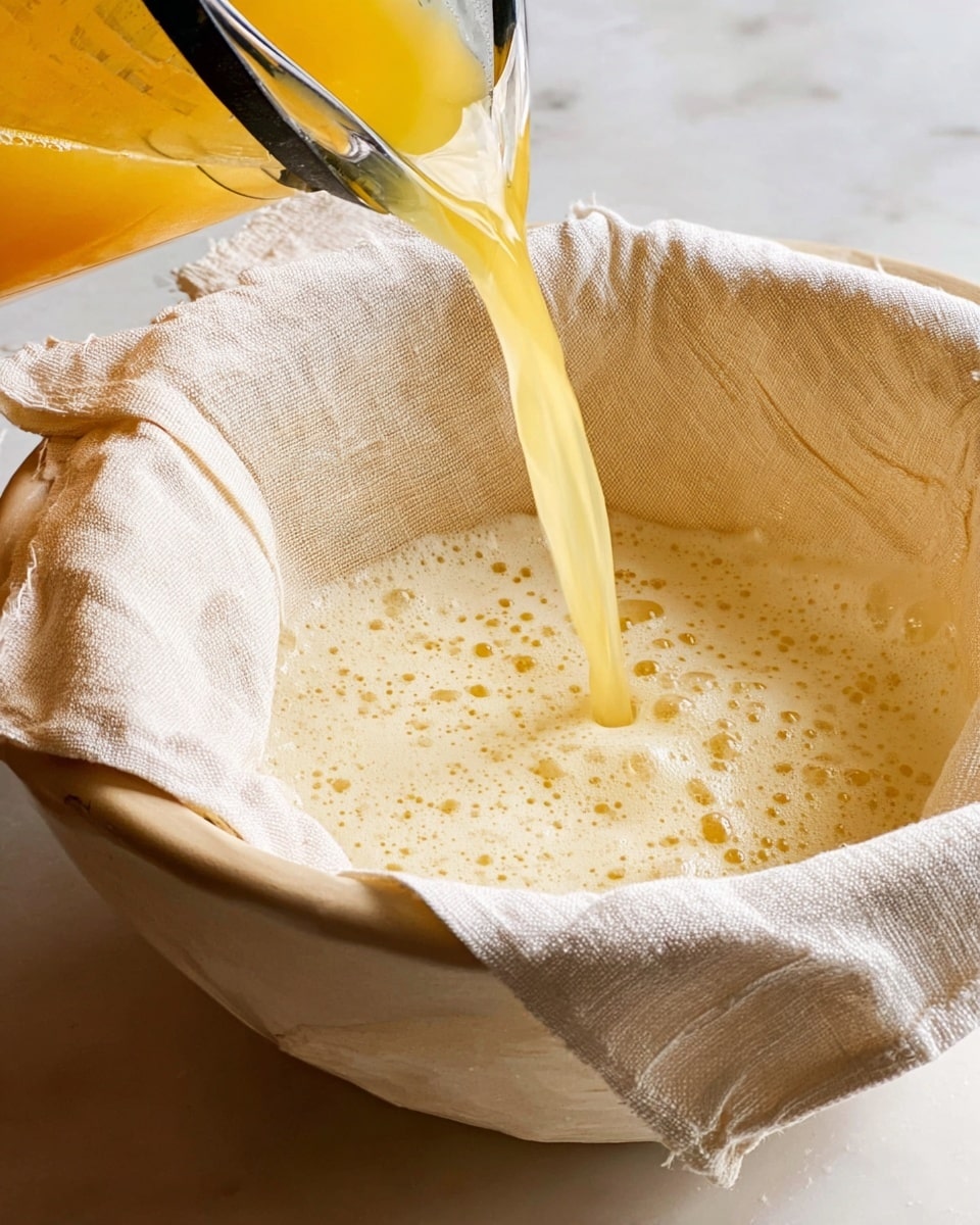 A large white bowl holds a cream-colored cloth strainer inside it, with the cloth edges folded over the bowl rim. Bright orange liquid with bubbles is being poured from a clear container with a black handle into the cloth strainer, creating foam and froth on the liquid’s surface. The image background and surface show a white marbled texture. Photo taken with an iphone --ar 4:5 --v 7