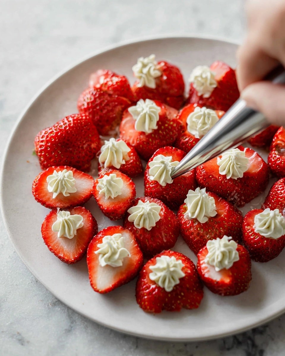 The image shows a round white plate filled with halved strawberries arranged in rows. Each strawberry half is bright red with a juicy, textured surface. On some strawberries, a white cream with a smooth and swirled texture is being piped, creating small decorative dollops on top. A woman's hand is holding a piping bag with a metal tip, carefully placing the cream on the strawberries. The plate is placed on a white marbled surface that adds a clean and subtle background detail. photo taken with an iphone --ar 4:5 --v 7