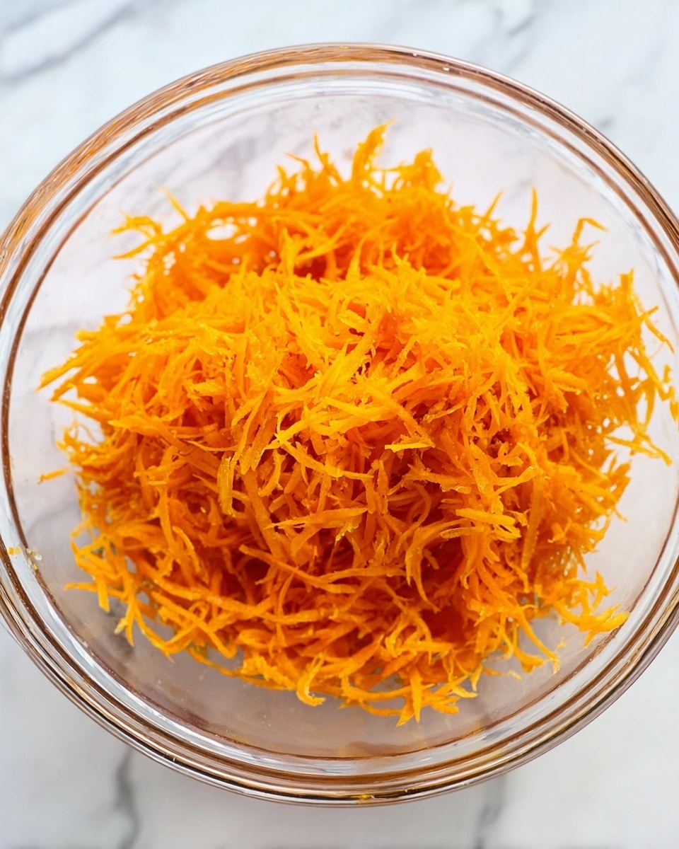 A clear glass bowl filled with a single layer of finely shredded bright orange carrots, showing thin and long strands piled loosely in the center. The bowl sits on a white marbled surface, and the texture of the carrots looks fresh and slightly moist with a rough but soft appearance. Photo taken with an iphone --ar 4:5 --v 7