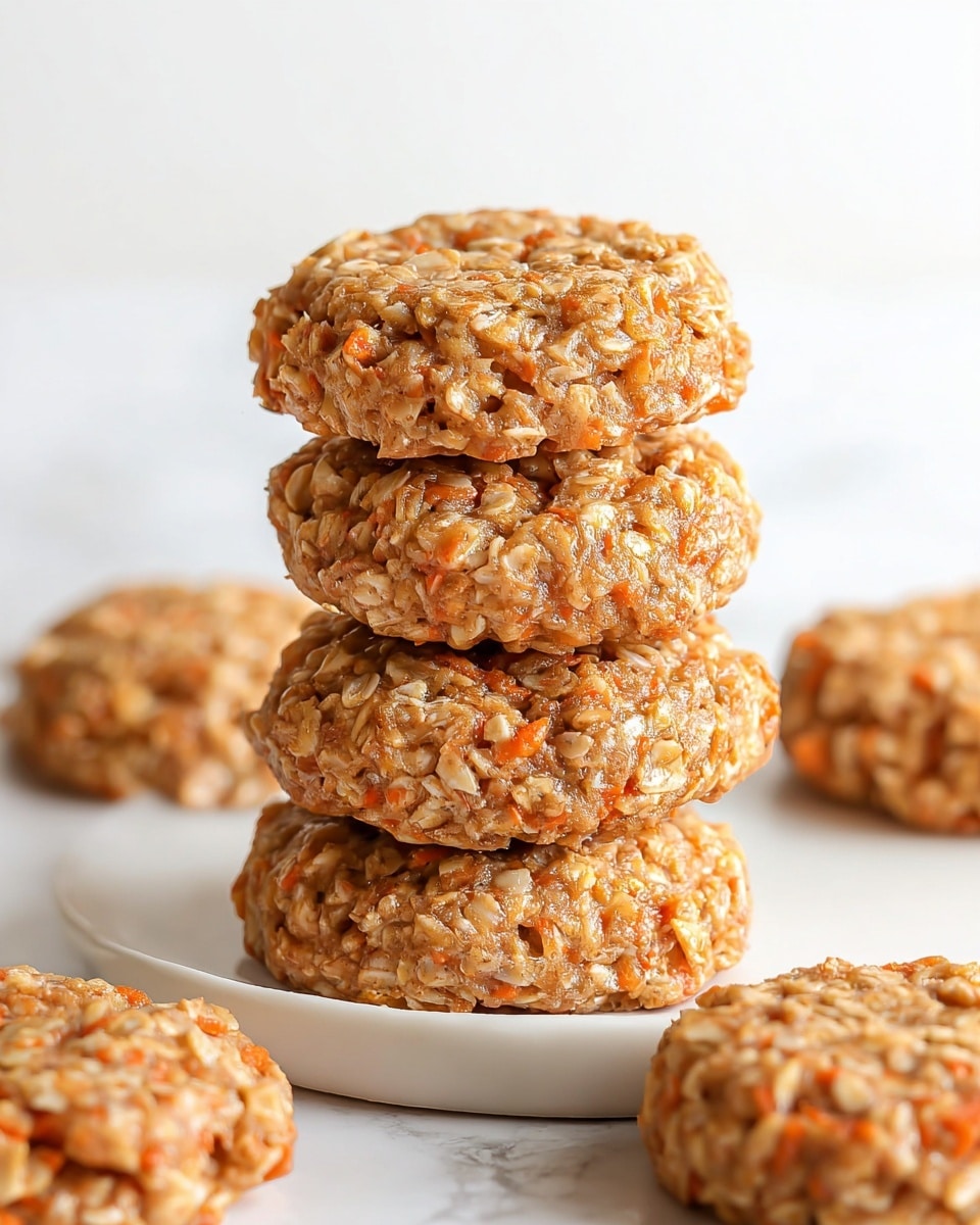 The image shows a stack of five round oatmeal and carrot cookies arranged neatly in the center of a white plate. Each cookie has a rough and textured surface with visible oats and small orange carrot pieces, giving a natural and slightly uneven look. Around the plate, more cookies are scattered, each with the same texture and warm light brown color with orange specks. The scene is set against a white marbled surface that softly reflects light, creating a clean and fresh feel. The photo taken with an iphone --ar 4:5 --v 7