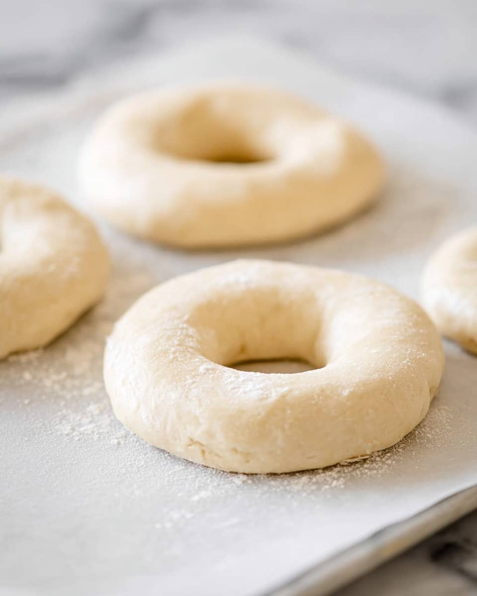 The image shows three dough rings placed on a flat whiteened parchment paper on a white marbled surface. Each ring has a smooth, pale cream color with a soft, slightly puffy texture. The rings have a clear round shape with a hole in the middle, showing clean edges. Visibility fades as the rings go back, creating a slight depth effect. There is dusting of white flour on and around the rings, adding light texture to the scene. The background stays soft and slightly blurred, focusing attention on the dough rings photo taken with an iphone --ar 4:5 --v 7