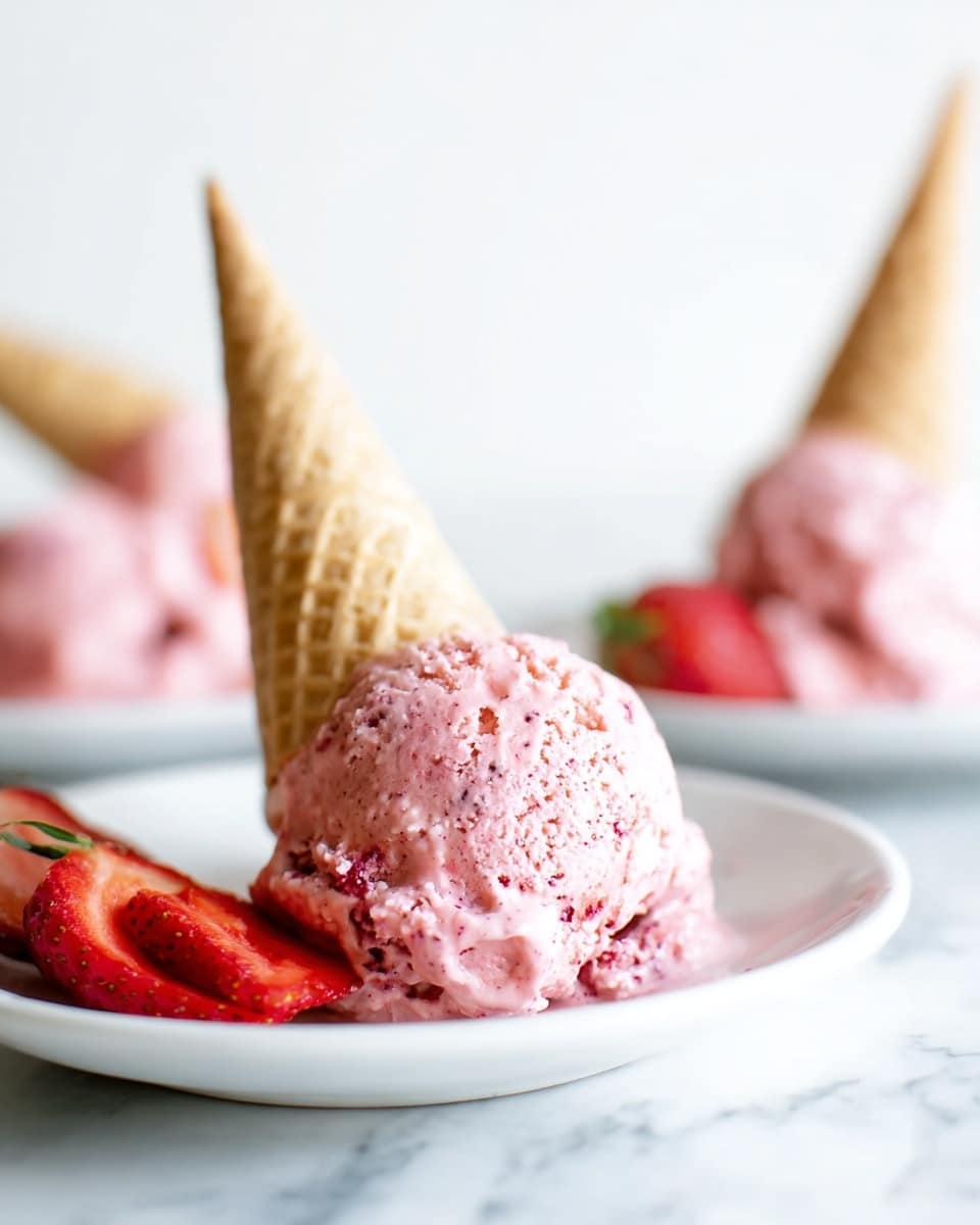 A close-up view of a single scoop of pink strawberry ice cream with visible small berry bits, melting slightly on a white plate. The ice cream is topped with an upside-down light brown waffle cone standing erect in the ice cream scoop. To the left of the ice cream, there are a few fresh red strawberry slices adding a fresh touch. In the blurred background, two more similar plates with ice cream scoops and waffle cones can be seen on a white marbled surface. The overall image is bright with soft natural light. photo taken with an iphone --ar 4:5 --v 7