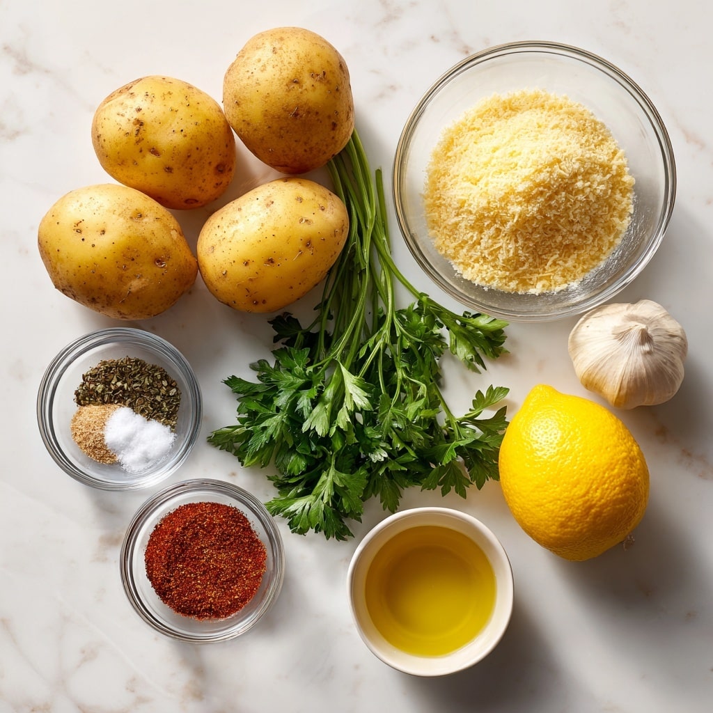 The image shows six main ingredients placed neatly on a white marbled surface. In the top left, there are three whole yellow potatoes grouped together with a rough texture. To their right, a clear glass bowl holds pale yellow Parmesan cheese with a grainy surface. Below the potatoes, a small bulb of garlic with a papery white outer skin is visible. Centered in the image is a small bunch of fresh green parsley with leafy stems. On the right side, a bright yellow whole lemon with a smooth texture is placed. At the bottom left, a clear glass bowl contains a mix of seasonings separated by color: white salt, black pepper, and red paprika. The bottom right holds a small bowl filled with light golden oil with a smooth liquid surface. photo taken with an iphone --ar 4:5 --v 7