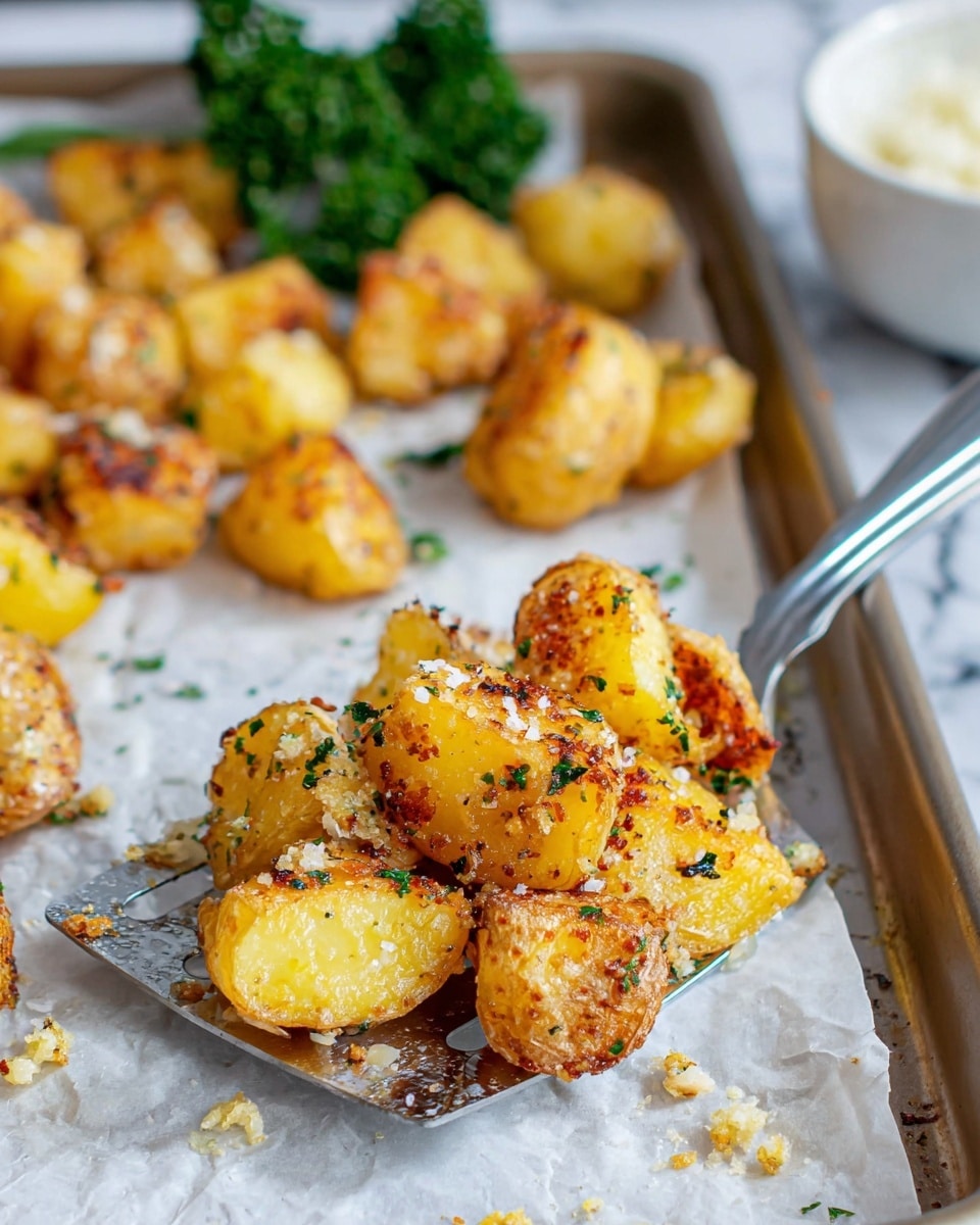 The image shows golden roasted potato pieces coated with bits of garlic and herbs, piled on a metal spatula. The potatoes have a crispy brown skin on some sides and a soft yellow inside, sprinkled with small green herbs and coarse salt crystals. The spatula is placed on a baking tray lined with white parchment paper, with more roasted potato pieces scattered around it. The background features a blurred white marbled surface with hints of green parsley and a white bowl with rice. photo taken with an iphone --ar 4:5 --v 7