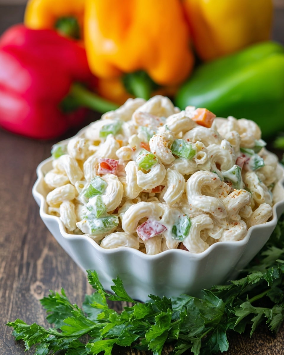 A white scalloped bowl is filled with creamy macaroni salad made of elbow pasta coated in a thick, white sauce mixed with small chopped pieces of green, red, and orange bell peppers, as well as bits of green herbs. The pasta looks smooth and soft with a creamy texture, and the bowl sits on a dark wooden surface with fresh green leafy herbs around it. In the background, colorful whole peppers in red, orange, yellow, and green are slightly blurred, adding bright pops of color. photo taken with an iphone --ar 4:5 --v 7