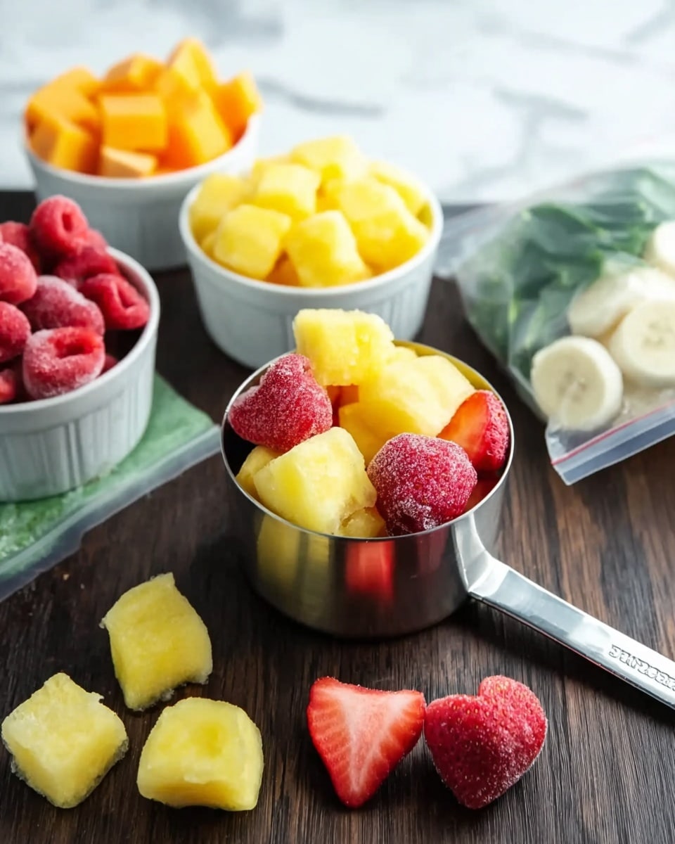 A metal measuring cup filled with frozen fruit pieces in yellow and red colors sits on a dark wooden surface. Inside the cup, yellow pineapple chunks and whole red strawberries are visible. Around the measuring cup, there are scattered pieces of yellow fruit cubes and red strawberry slices. Behind the cup, a white bowl filled with orange fruit cubes and a white bowl filled with yellow fruit cubes can be seen. Next to these bowls, there is a clear plastic bag containing white slices and green leaves. The whole scene is set on a white marbled surface, with a close-up view showing the texture of the frozen fruits. photo taken with an iphone --ar 4:5 --v 7