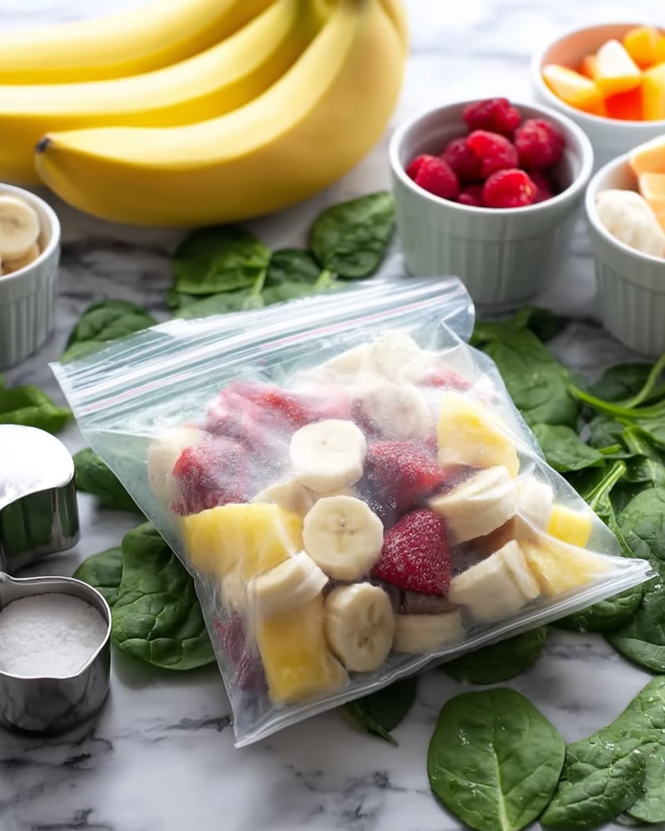 A clear plastic bag is in the center filled with layers of fresh fruits, including pale yellow banana slices at the bottom, light yellow pineapple chunks, and red pieces that look like strawberries or raspberries. The bag rests on fresh green spinach leaves arranged flat on a white marbled surface. Around the bag, there is a bunch of yellow bananas on the left, a small silver measuring cup with a handle, and behind the bag, there are small white bowls containing more fruit pieces in red, orange, and white colors. The background keeps a clean and bright look with the white marbled texture. Photo taken with an iphone --ar 4:5 --v 7