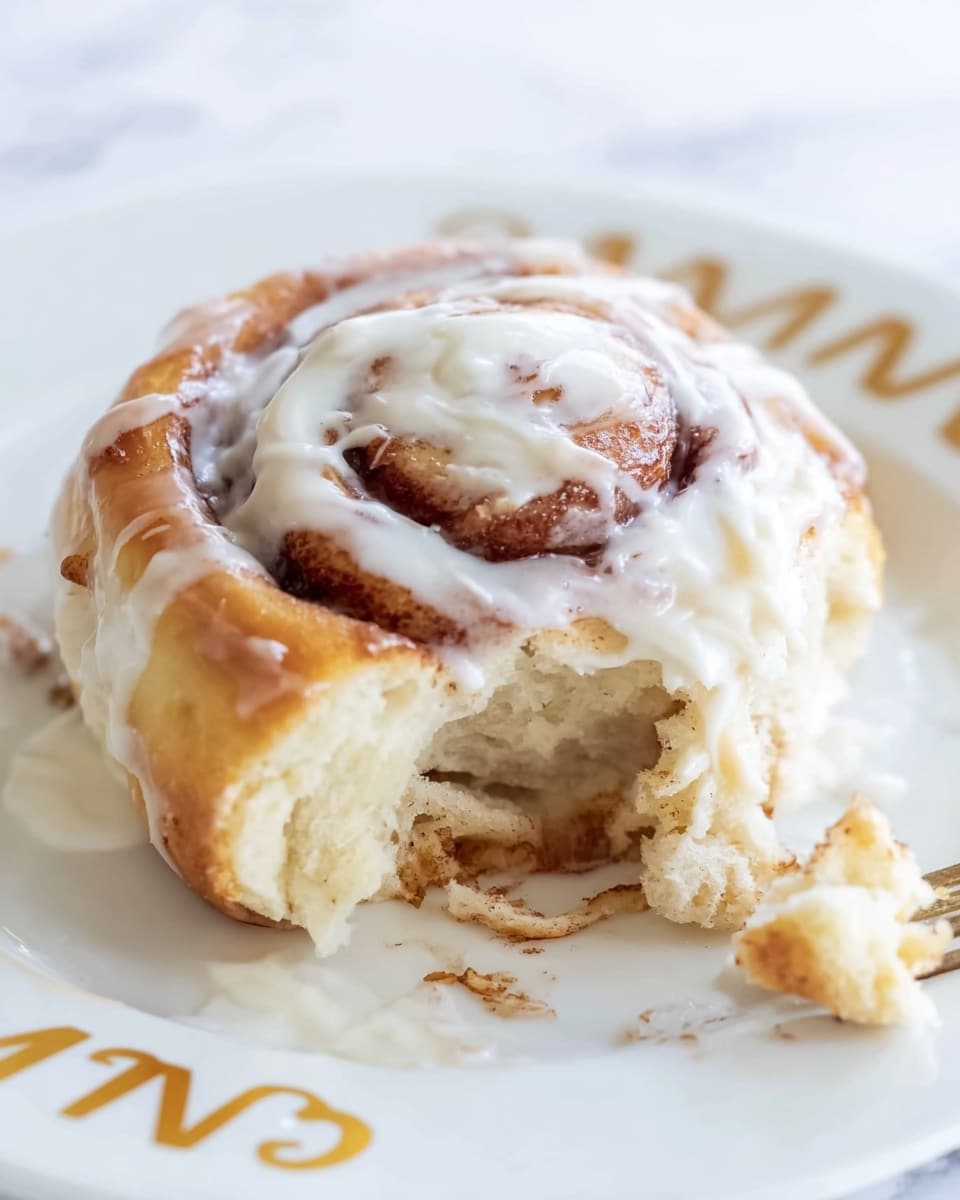The image shows a single cinnamon roll on a white plate with gold lettering. The cinnamon roll has three visible layers: the outer layer is light brown and fluffy with a slightly crusty edge, the middle layer is a darker brown swirl of cinnamon filling, and the top layer is a thick white icing spread unevenly, dripping slightly into the middle. Part of the cinnamon roll is torn, showing the soft and airy inside texture. The plate sits on a white marbled surface. photo taken with an iphone --ar 4:5 --v 7