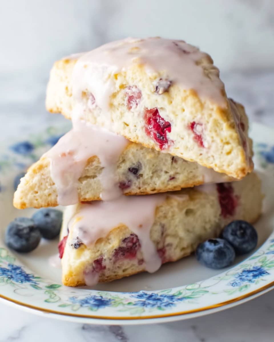 A close-up view of three triangular scones stacked on a white plate with a delicate blue floral pattern and gold rim. Each scone has a pale golden surface with a smooth, light pink icing layer drizzled unevenly over the top, showing a soft texture inside with visible bits of red berries scattered throughout. A few dark blue blueberries are placed around the scones on the plate, adding contrast. The background shows a soft white marbled texture under the plate, creating a clean and bright setting. photo taken with an iphone --ar 4:5 --v 7