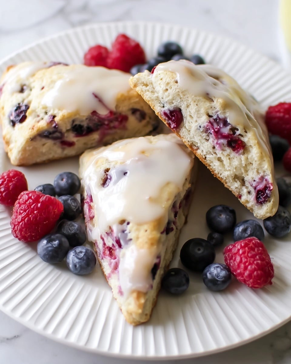 The image shows three triangular scones with a light golden crust and a soft, crumbly texture inside, each with visible blueberries and raspberries baked in, creating spots of purple and red throughout. A thin layer of white icing glaze is spread unevenly over the top of each scone, giving a slightly shiny, smooth look. The scones are placed on a white plate with ridges along the edge, and there are fresh whole blueberries and raspberries scattered around the scones on the plate. The plate sits on a white marbled surface. photo taken with an iphone --ar 4:5 --v 7