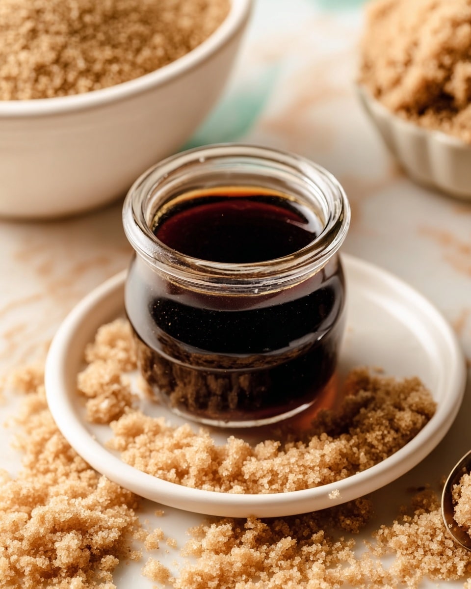 A small clear glass jar filled with thick, dark brown syrup sits in the center of a white plate. Around the jar, there are scattered clumps and loose grains of light brown, textured sugar. In the background, there is a white bowl also filled with the same light brown sugar. The setting is on a white marbled surface. The focus is sharp on the jar and sugar with soft lighting highlighting the glossy syrup, creating a warm and inviting scene. Photo taken with an iphone --ar 4:5 --v 7