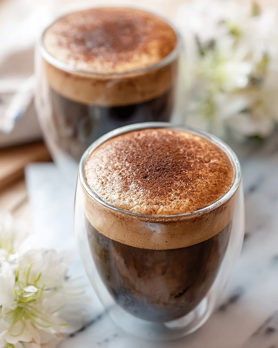 Two clear glass cups on a white marbled surface hold dark brown coffee with a thick light brown foam layer on top, dusted with a fine layer of dark brown powder. Both cups show a slightly shiny texture on the foam, and the cups have double walls with a smooth, rounded shape. The front cup is in sharp focus, while the second cup is slightly blurred in the background. White flowers are partially visible on the edges of the image. Photo taken with an iphone --ar 4:5 --v 7
