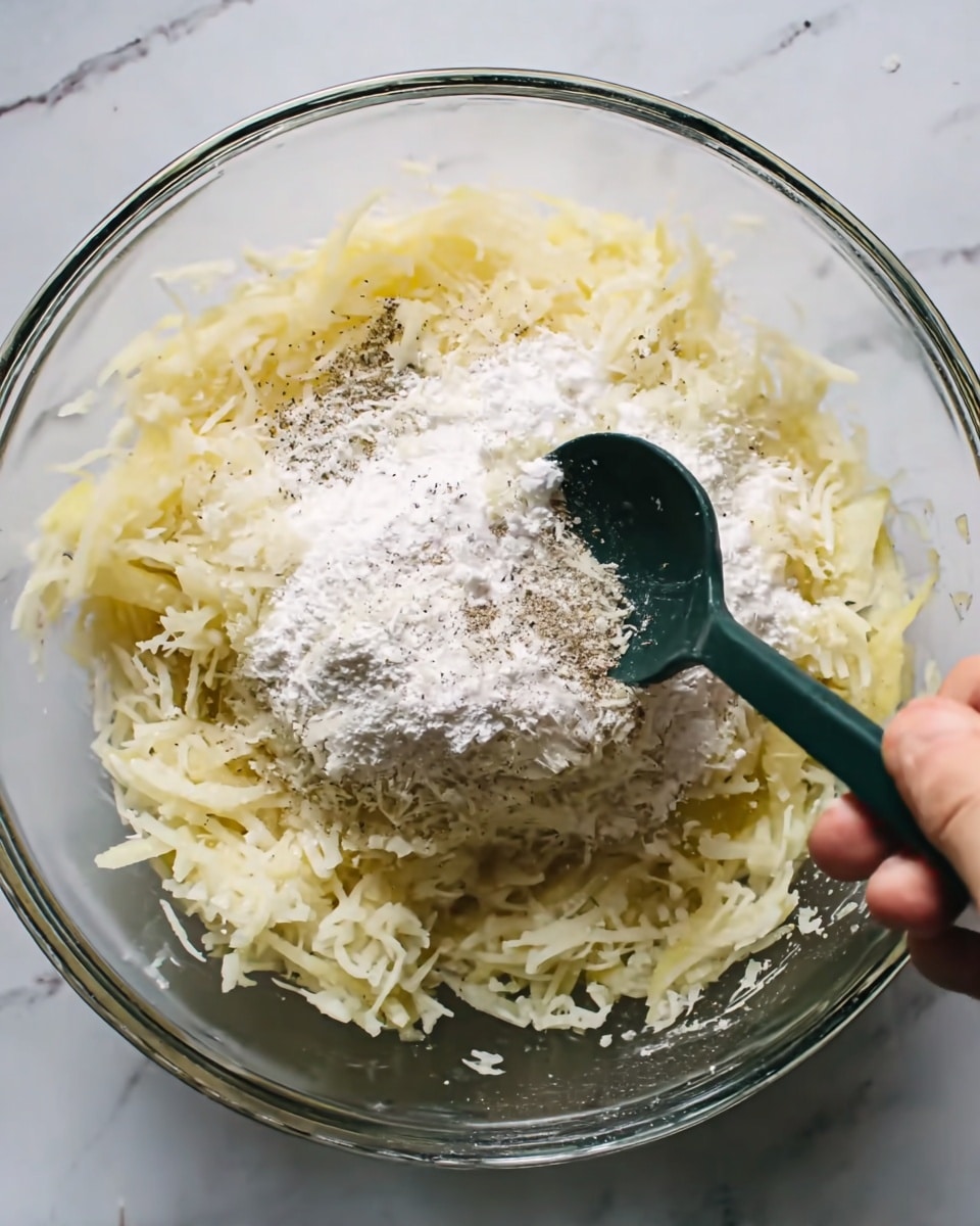 A clear glass bowl filled with shredded pale yellow potatoes forming the base layer. On top of the potatoes is a white powdery substance, likely flour or starch, and some specks of black pepper scattered throughout. A woman's hand is holding a black and green spoon, adding more white powder over the mixture. The bowl is set on a white marbled surface. photo taken with an iphone --ar 4:5 --v 7