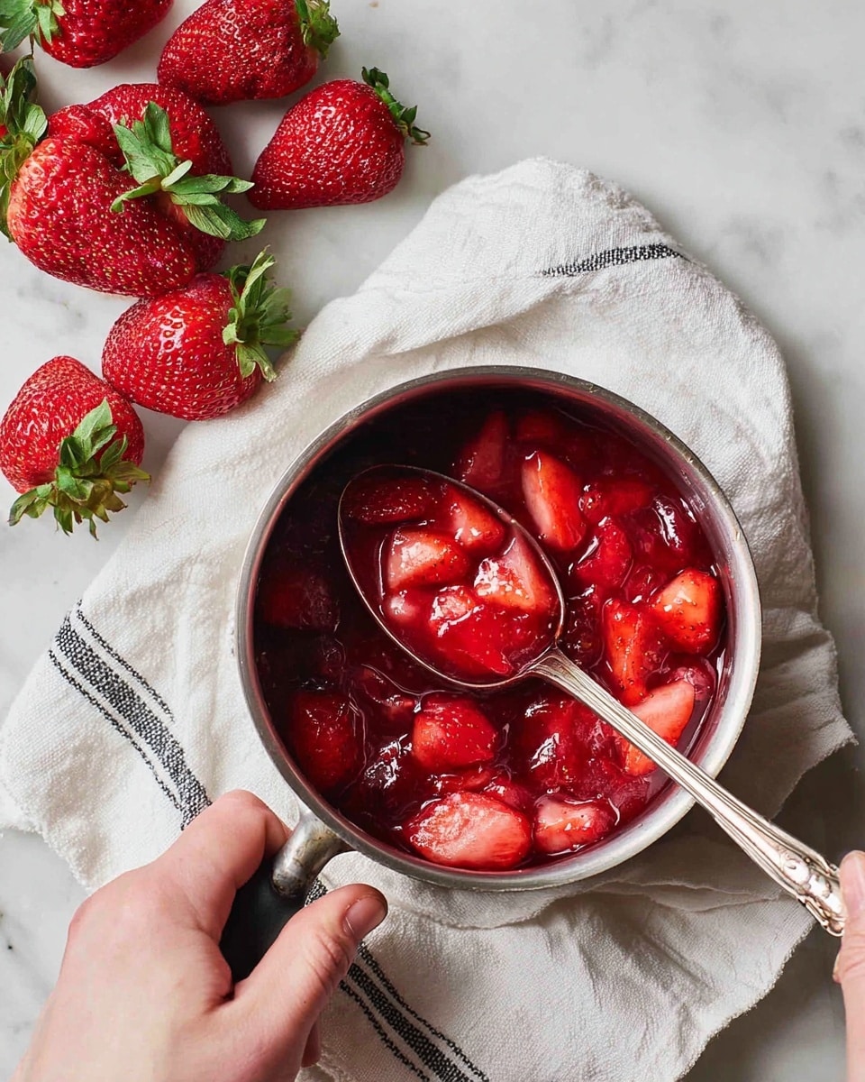 A close-up view of a small silver saucepan filled with bright red cooked strawberries in thick syrup. The strawberries are soft and varied in size, with some pieces still holding shape. A woman's hand holds the handle of the pan, while another woman's hand stirs the strawberries with a tarnished silver spoon, which is partially covered in the red syrup. Surrounding the saucepan are fresh whole strawberries with green leaves, resting on a white marbled surface with a white cloth with thin black stripes underneath the pan. The photo taken with an iphone --ar 4:5 --v 7