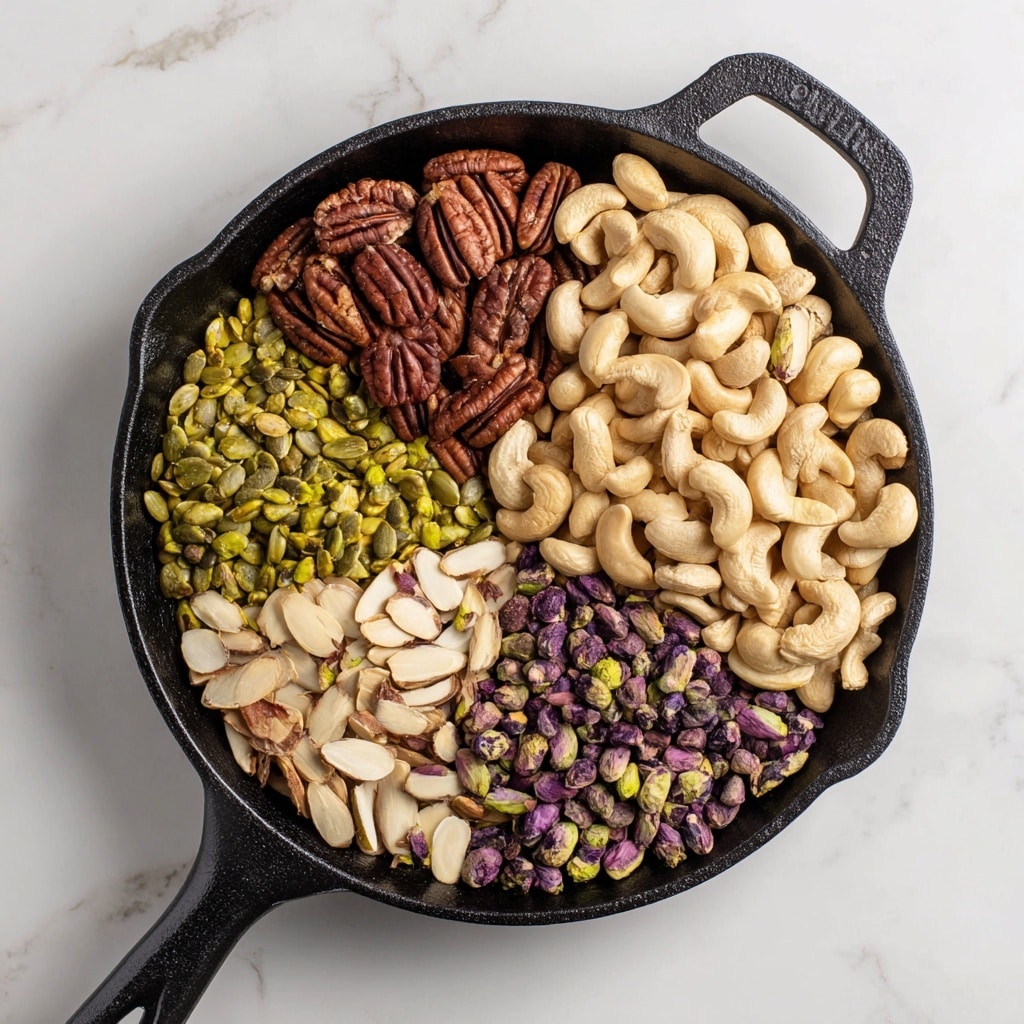 A black iron skillet filled with five separate sections of nuts and seeds arranged around the skillet. At the top right, there is a large pile of light beige cashews with smooth texture. To the left of the cashews, towards the top center, is a group of dark brown pecans with a grooved, ridged surface. On the top left side, green pepitas with a flat, smooth texture fill one section. At the bottom left, there are thin, pale beige almond slices with a slightly rough texture. Finally, at the bottom right, purple and green pistachios sit with a slightly rough, irregular shell texture. The skillet is on a white marbled surface. photo taken with an iphone --ar 4:5 --v 7