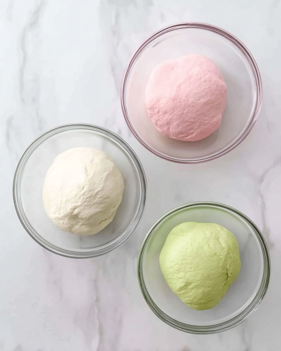 The image shows three clear glass bowls placed on a white marbled surface, each containing a different color of smooth dough. The top left bowl has light pink dough, the top right bowl has white dough, and the bottom bowl contains pale green dough. Each dough ball is soft and round with slight texture marks on the surface. The bowls are evenly spaced in a triangular shape. Photo taken with an iphone --ar 4:5 --v 7