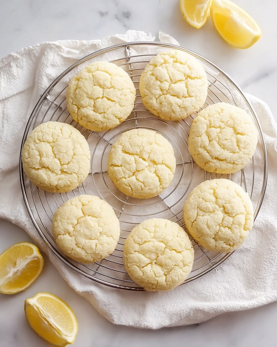 Eight lemon cookies are arranged on a round silver wire cooling rack. Each cookie is round with a cracked top texture, light yellow in color, and slightly puffy. The cooling rack sits on a white cloth with a soft, slightly wrinkled texture, which covers a white marbled surface. Two lemon halves and two lemon wedges, bright yellow with a fresh juicy look, are placed near the corners of the image. The lighting is soft and natural, making the scene look fresh and inviting. Photo taken with an iphone --ar 4:5 --v 7