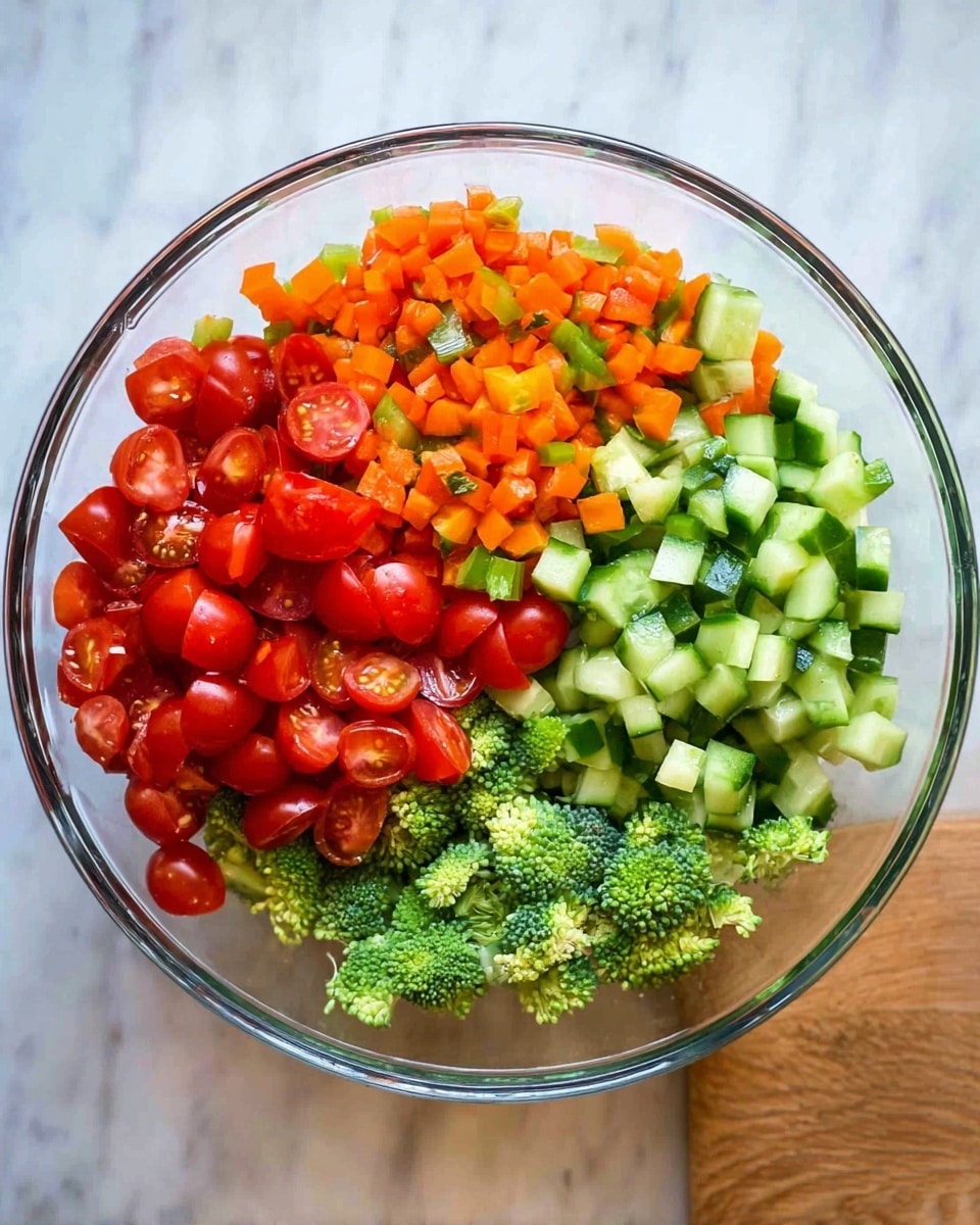 The image shows a clear glass bowl containing a fresh vegetable salad on a white marbled surface. The salad has three main layers: at the bottom, there is a bed of small broccoli florets with a rough green texture; on top of this is a layer of halved red cherry tomatoes, smooth and shiny; the top layer is divided between small diced green cucumber pieces with their skin on and finely diced orange bell peppers, both with crisp, fresh textures. The bright colors and clear glass bowl create a fresh and healthy look. Photo taken with an iphone --ar 4:5 --v 7