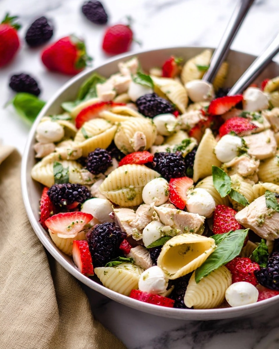A close-up shot of a pasta salad served in a white bowl, placed on a white marbled surface. The salad has three main layers: the first layer is light beige shell pasta that fills most of the bowl with a smooth, ribbed texture; the second layer is fresh, dark green spinach leaves scattered evenly throughout the pasta; the third layer includes bright red strawberry pieces and whole blackberries, adding vibrant red and deep black colors on top. Small white mozzarella balls and small chunks of grilled chicken with light brown grill marks are mixed evenly throughout the salad. The dish looks fresh and colorful, with a mix of smooth, soft, and slightly rough textures, photo taken with an iphone --ar 4:5 --v 7