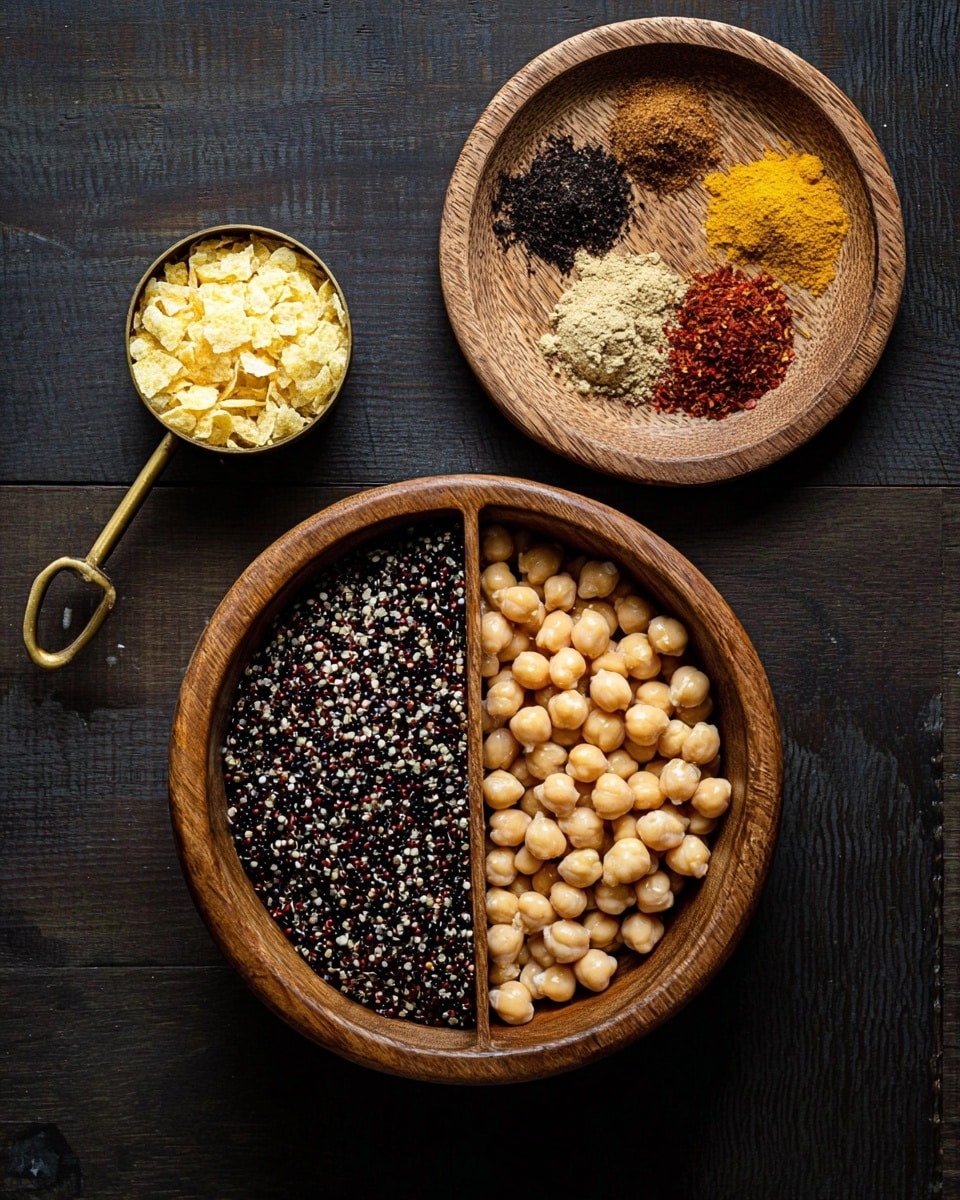A round wooden bowl with two sections sits in the center on a dark wooden surface. One side of the bowl is filled with black and white cooked quinoa showing a soft and grainy texture, while the other side is filled with smooth, light tan chickpeas. Above and to the right of the bowl, there is a round wooden dish with six different spices arranged in small piles, showing varied colors like deep red, dark brown, yellow, and mustard with some chili flakes. Above and to the left of the bowl, another round wooden dish holds yellow flakes with a rough texture. At the bottom left, a gold measuring cup filled with fine, pale yellow powder rests on the surface. photo taken with an iphone --ar 4:5 --v 7