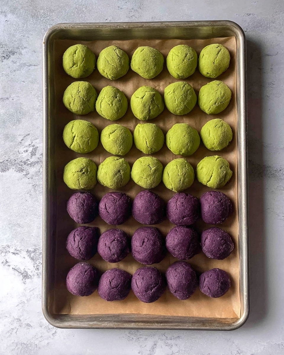 A metal baking tray lined with brown parchment paper is filled with two rows of round dough balls. The top two rows show 16 bright green dough balls with a soft, slightly rough texture, while the bottom four rows contain 24 deep purple dough balls with a similar texture. The tray sits on a surface with a white marbled texture. photo taken with an iphone --ar 4:5 --v 7