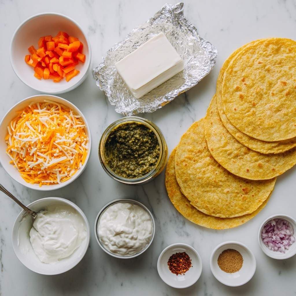 The image shows a white marbled surface with ingredients arranged neatly. At the center right, there are four golden yellow flour tortillas stacked partly overlapping each other. Below the tortillas, a white bowl is filled with shredded cheddar cheese in bright orange color. On the top right, there is an open foil wrapper with a block of smooth white cream cheese. To the top left, a white bowl contains finely chopped vegetables, one half orange bell pepper pieces and the other half pale pink chopped onion. Below this bowl, a smaller white bowl holds thick white sour cream with a spoon inside. Next to the sour cream, there is a small glass jar with dark green basil pesto. To the right of the jar, an open can reveals green chili pieces in a liquid. Next to the can, a small white bowl displays an arrangement of different dry spices in shades of red, cream, and brown. The overall arrangement is clean and bright, with all ingredients clearly visible. Photo taken with an iphone --ar 4:5 --v 7