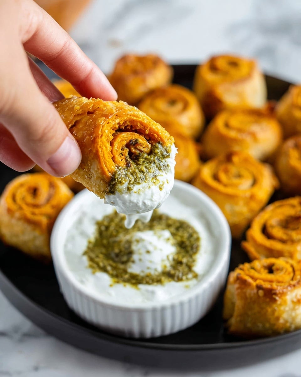 A woman's hand is holding a golden brown rolled snack dipped in a white creamy sauce with a layer of green pesto on top. The snack has a crispy and flaky texture and is spiral-shaped with a bright orange filling inside. The small white bowl with the two-layered sauce sits on a black plate, surrounded by more of the same rolled snacks arranged in a circle on a white marbled surface. Photo taken with an iphone --ar 4:5 --v 7
