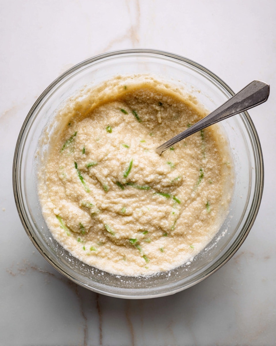 A clear glass bowl sits on a white marbled surface, filled with a light beige batter that has small, soft lumps throughout and thin streaks of bright green mixed in evenly. A silver spoon rests inside the bowl on the right edge, partially submerged in the thick, slightly grainy mixture. The bowl's transparent edges and the texture of the batter are clearly visible, showing a soft, wet consistency. photo taken with an iphone --ar 4:5 --v 7
