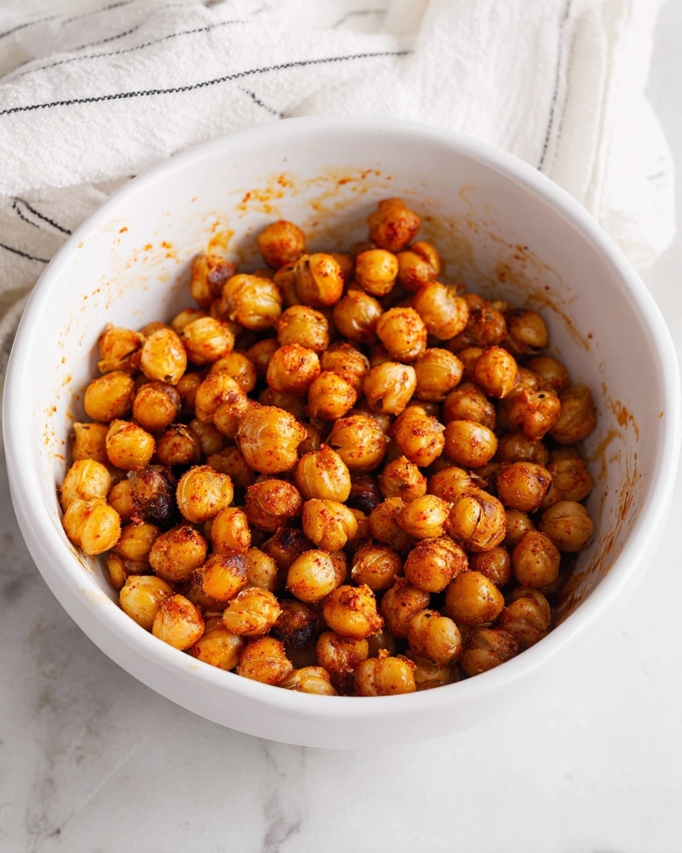 A white bowl filled with one layer of roasted chickpeas that are golden brown with some darker spots showing crisp edges. The chickpeas have a light coating of reddish-orange seasoning, with some seasoning scattered on the inner sides of the bowl. The bowl is placed on a white marbled surface with a part of a white cloth with black thin stripes visible at the top. photo taken with an iphone --ar 4:5 --v 7