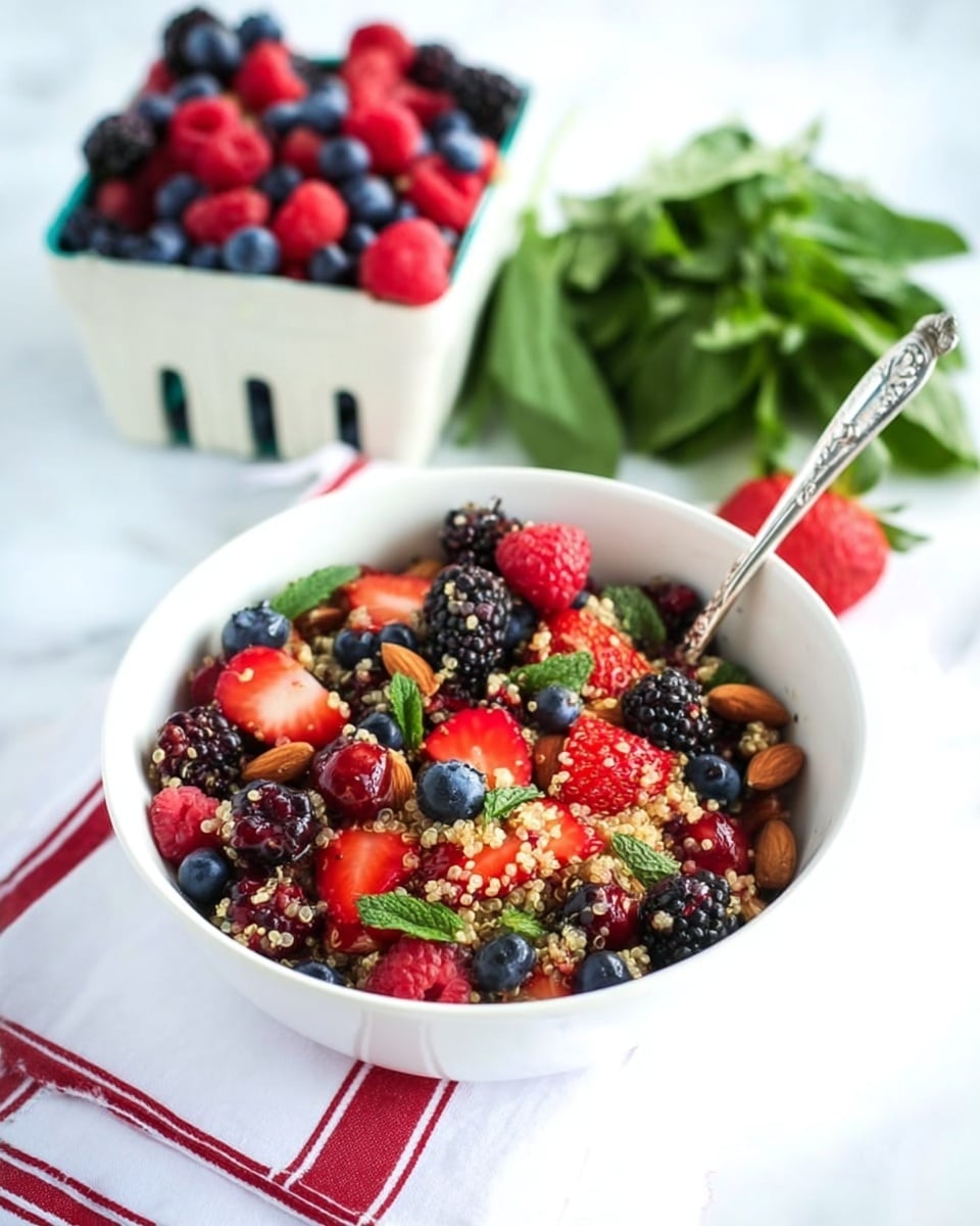 The image shows a white bowl filled with a colorful mixed berry quinoa salad. The base layer is cooked quinoa with a light brown color and slightly fluffy texture. On top of the quinoa, there is a layer of whole and sliced berries including red strawberries, dark blackberries, deep blue blueberries, and bright red raspberries, adding vibrant red, black, and blue colors. Scattered throughout are whole almonds adding a brown nutty texture, and small green mint leaves add a fresh touch over the top. A small silver spoon is placed inside the bowl. In the background, there is a white berry container filled with the same berries and a bunch of leafy green mint on a white cloth with red stripes. The scene is set on a white marbled surface. Photo taken with an iphone --ar 4:5 --v 7