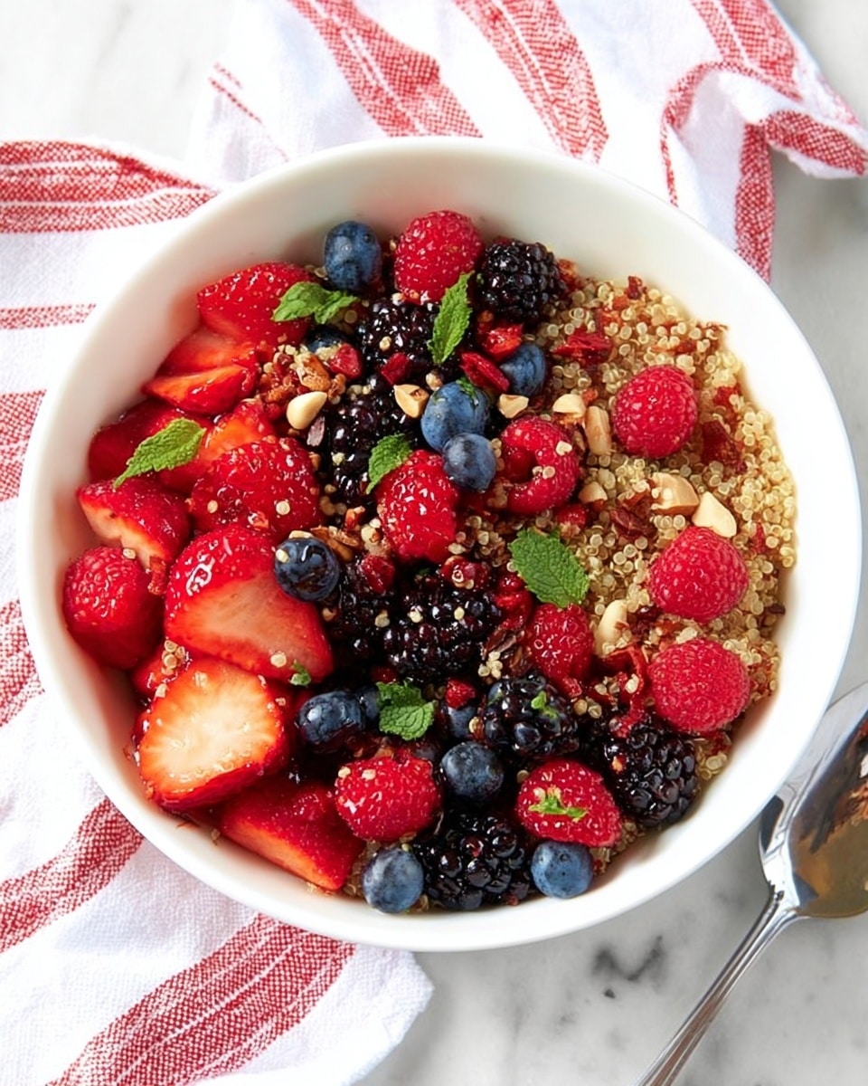 A white bowl filled with three main layers: the bottom layer is light brown quinoa with fluffy texture, the middle layer consists of mixed blackberries and blueberries with glossy, rough textures scattered evenly, and the top layer shows fresh, bright red raspberries and strawberry pieces cut into halves and quarters, along with chopped nuts and small green mint pieces sprinkled over all. The bowl is placed on a white marbled surface with a red and white striped cloth and a silver spoon nearby. Photo taken with an iphone --ar 4:5 --v 7