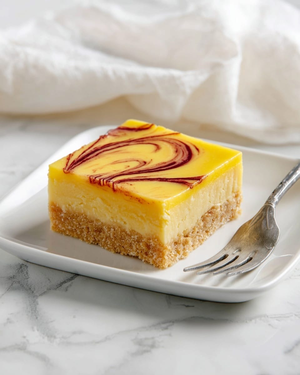 A square-shaped dessert bar with two main layers sits on a white plate on a white marbled surface. The bottom layer is a light beige, crumbly crust with a rough texture, while the top layer is a smooth, bright yellow custard-like filling with slightly shiny surface. On the top layer, there is a thin, dark red swirl pattern creating an elegant design that moves gently from one side to the other. A silver fork is placed next to the dessert on the plate, and a white cloth can be seen softly draped in the background. Photo taken with an iphone --ar 4:5 --v 7