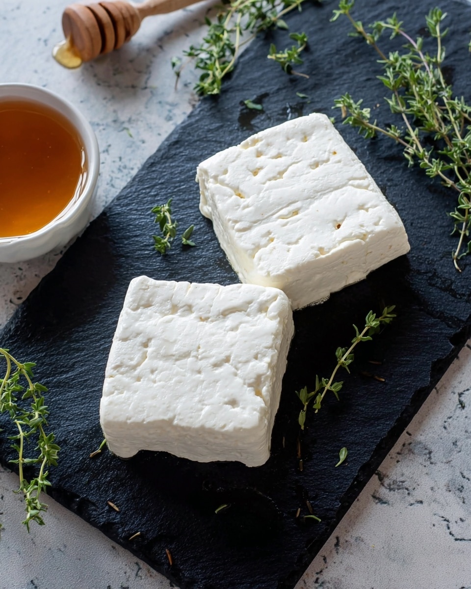 Two white square blocks of soft cheese with a slightly crumbly texture sit on a black slate board. Each block shows mild indents and irregular patterns on the surface. Green sprigs of fresh thyme are scattered around the cheese on the slate and the white marbled surface beneath. A small white bowl filled with amber honey is partially visible in the corner, with a wooden honey dipper resting inside. Photo taken with an iphone --ar 4:5 --v 7