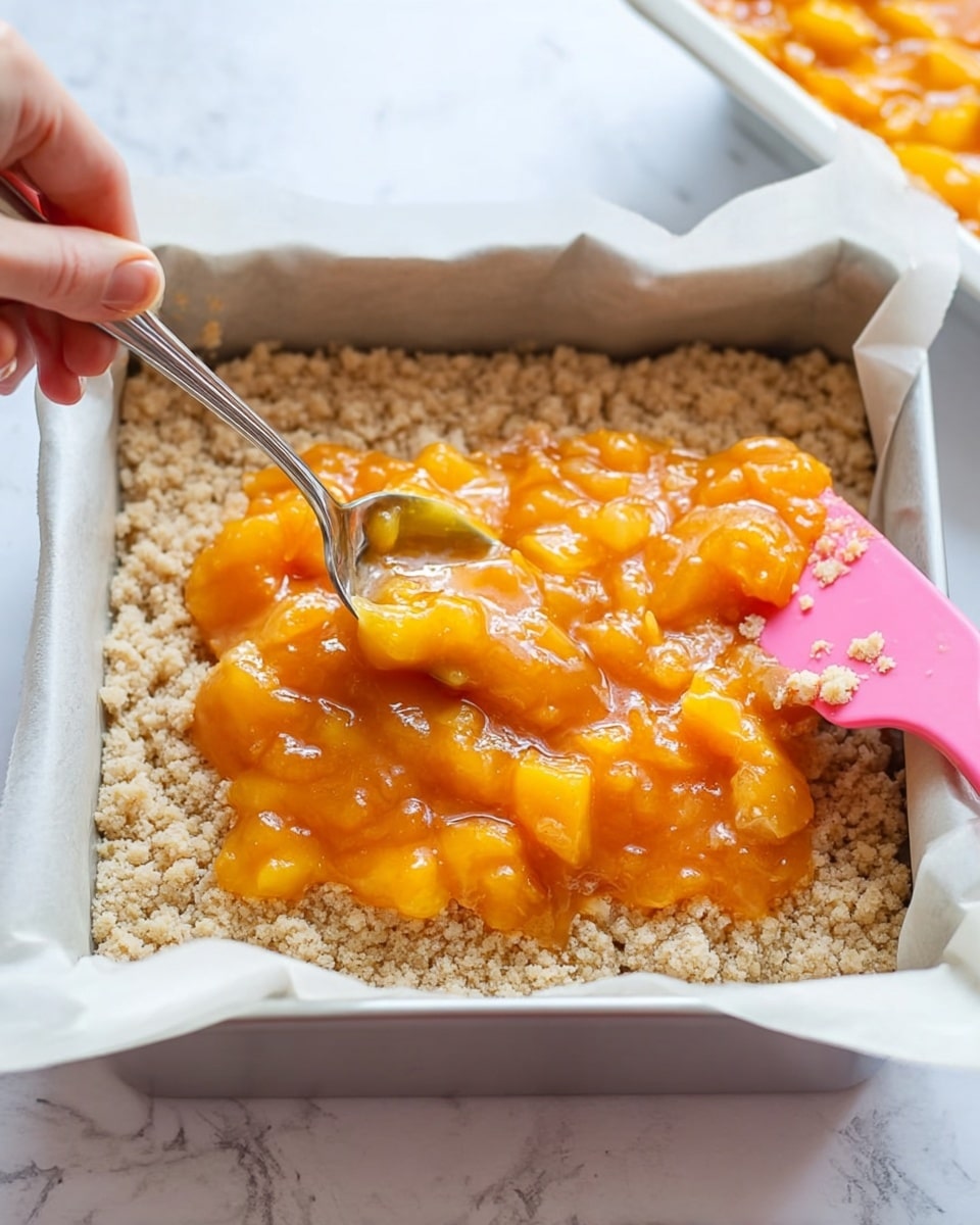 The image shows a square white baking pan lined with parchment paper, filled with two layers of dessert being assembled. The bottom layer is a crumbly, light beige crust with a rough texture. On top of the crust, there is a thick layer of shiny, bright orange fruit filling with visible chunks, being spread evenly with a silver spoon held by a woman's hand. A pink spatula with some crumbs on it lies on the edge of the baking pan. The background features a white marbled surface with a blurred out white dish filled with the same bright orange fruit layer in the top right corner. Photo taken with an iphone --ar 4:5 --v 7