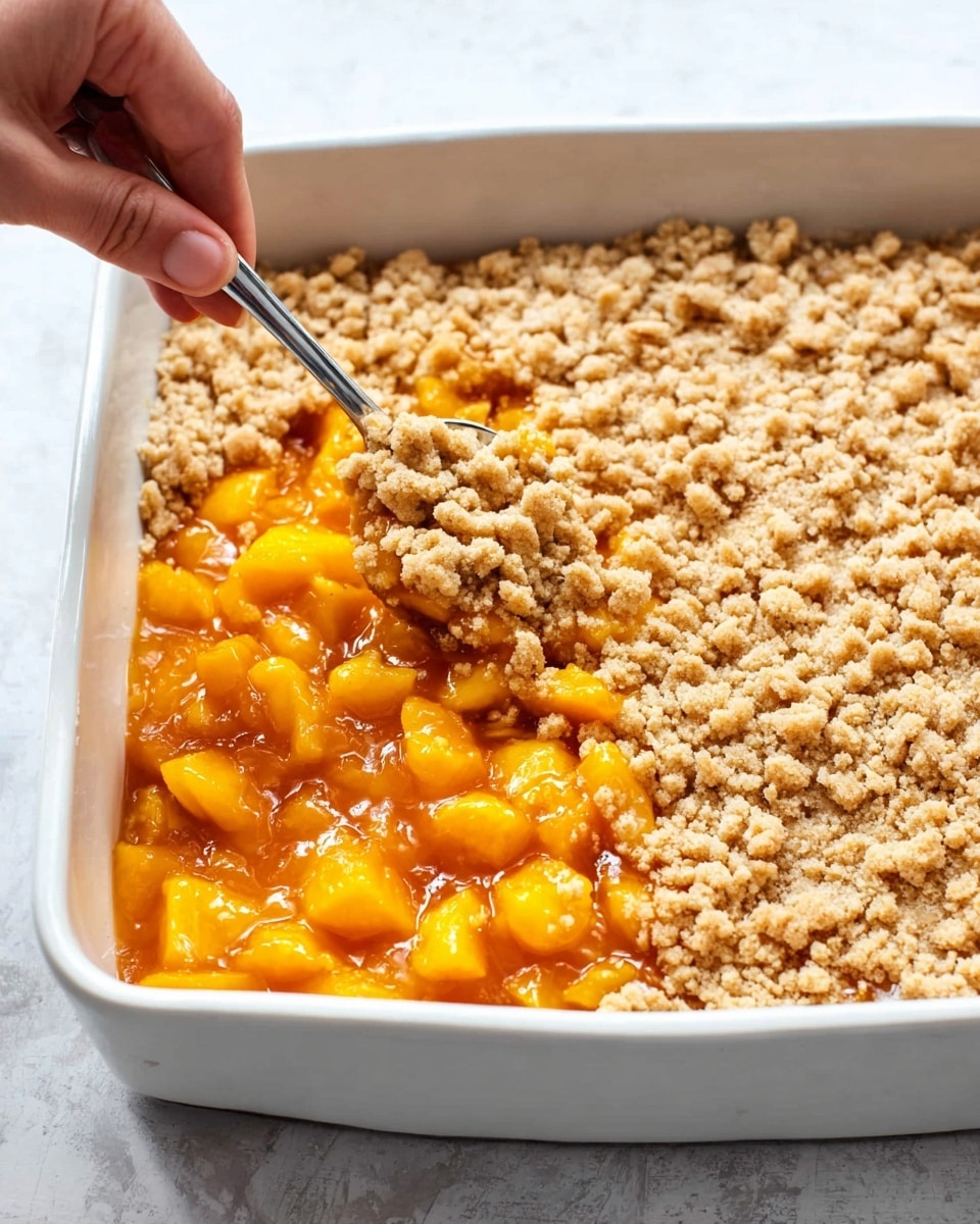 A white square baking dish filled with a thick layer of bright orange peach filling, containing visible chunks of peach. On top, a woman's hand holds a silver spoon, sprinkling crumbly, light beige streusel topping unevenly over the fruit layer. The dish sits on a white marbled surface. The peach layer has a glossy, juicy texture, while the topping looks dry and crumbly, showing clear contrast between the two layers. photo taken with an iphone --ar 4:5 --v 7