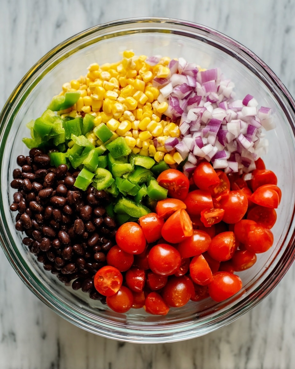 A clear glass bowl is filled with five distinct sections of colorful fresh ingredients. Starting from the left, there are black beans with a shiny texture. Next to the beans, diced green bell peppers form a bright green layer. At the center, there are charred yellow corn kernels adding a slightly burnt look. Above the corn is a portion of chopped red onions with a pale purple color. The largest section on the right contains whole and halved bright red cherry tomatoes with a smooth, glossy surface. The bowl sits on a white marbled surface. photo taken with an iphone --ar 4:5 --v 7