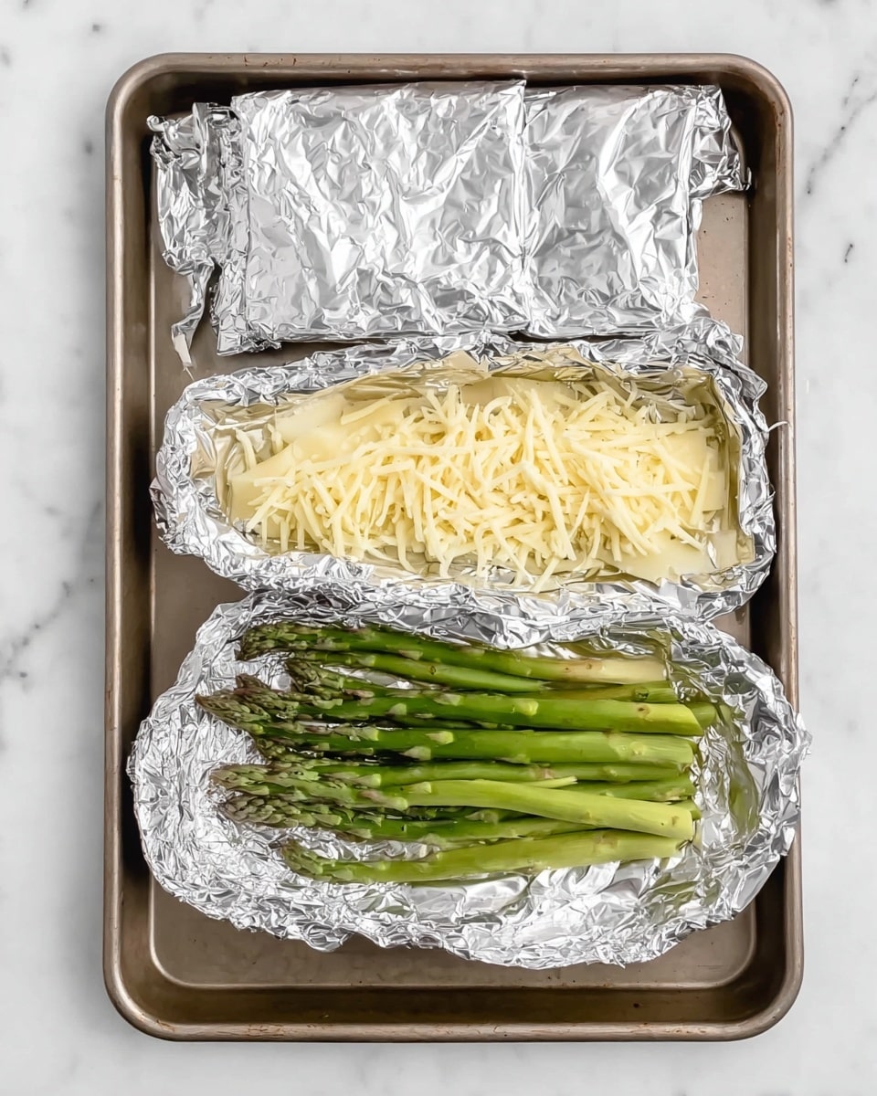 A baking tray holds five rectangular foil packets, four folded closed and one open in the middle. Inside the open foil, there are two layers: the bottom layer has a bunch of bright green asparagus spears placed side by side, and the top layer consists of shredded pale yellow cheese scattered over the asparagus. The tray rests on a white marbled surface. photo taken with an iphone --ar 4:5 --v 7