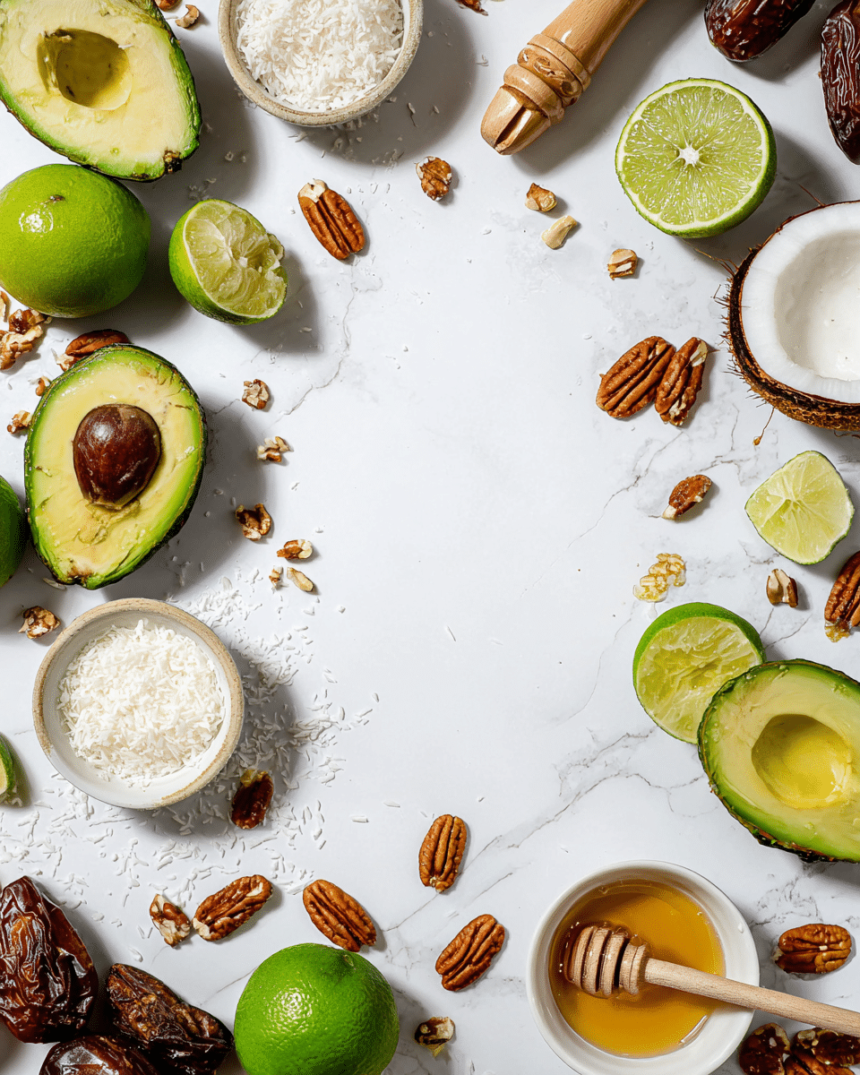 The image shows a flat lay of various fresh ingredients arranged around the edges on a white marbled surface, leaving an empty space in the middle. Starting from the top left corner, there is a half avocado with a seed, a wooden lime juicer, a squeezed lime half, and a small white bowl filled with shredded coconut. Scattered nearby are some pecans and coconut pieces. On the bottom left, there are whole and halved limes and avocados, with lime wedges placed near them. The bottom right corner has a small white bowl of honey with a honey dipper resting inside it, surrounded by dates and pecans. The top right corner shows another half avocado, halved lime, coconut pieces, and more pecans. The colors are fresh greens from the avocados and limes, light browns from the pecans and dates, and creamy white from the coconut and shredded coconut. The lighting is bright and natural. Photo taken with an iphone --ar 4:5 --v 7