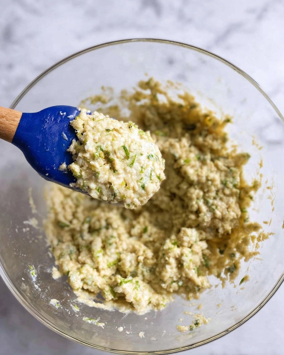 The image shows a clear glass bowl filled with a thick, uneven mixture that looks grainy and textured, with small green specks throughout. A blue scoop holds a rounded portion of this mixture above the bowl, and a wooden spoon partially covered in the same mixture rests inside the bowl. The background is a white marbled texture. photo taken with an iphone --ar 4:5 --v 7
