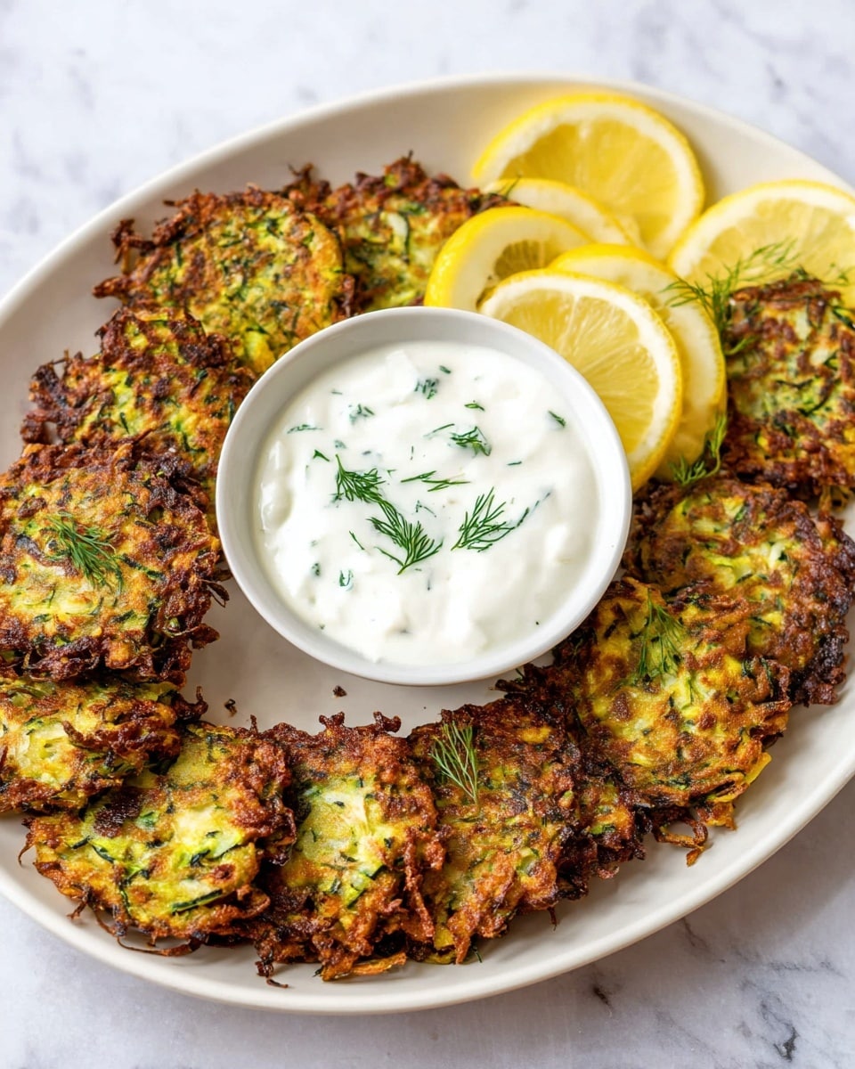 A white oval plate filled with a neat ring of golden to dark brown crispy zucchini fritters that have green specks in them, showing the shredded zucchini and herbs. In the center of the plate is a white bowl with smooth white sauce topped with small green herb sprigs. Around the sauce bowl are several bright yellow lemon wedges, each also garnished with small green herb sprigs. The whole setup sits on a white marbled surface photo taken with an iphone --ar 4:5 --v 7