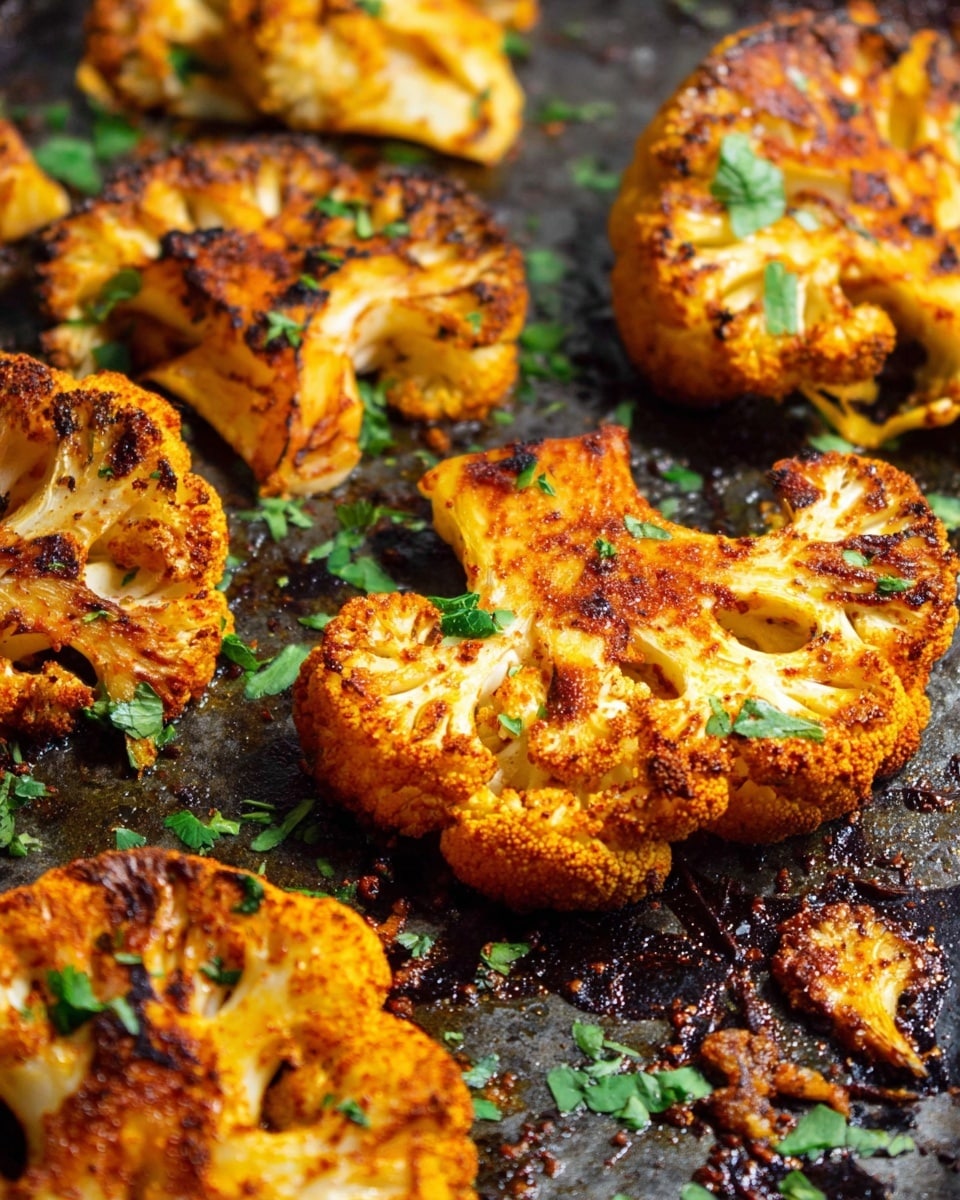 This image shows several pieces of roasted cauliflower with a bright orange color from spices, placed on a dark baking tray with some browned bits around them. The cauliflower pieces have a rough, slightly crispy texture with visible grill marks. Small green herb pieces, likely parsley, are scattered on and around the cauliflower, adding a fresh contrast to the warm colors. The dark tray underneath highlights the vibrant colors of the roasted cauliflower and herbs. photo taken with an iphone --ar 4:5 --v 7