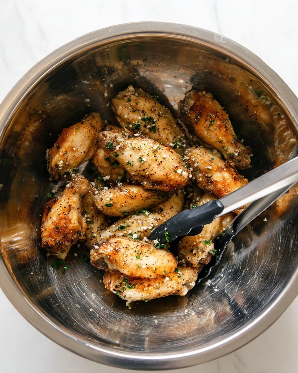 A shiny silver mixing bowl holds about ten golden-brown chicken wings seasoned with black pepper and sprinkled with chopped green herbs and small white granules that look like garlic or cheese. The wings have a crispy texture with a slight shine from oil or sauce. A pair of silver tongs with black tips rests inside the bowl, appearing ready to toss or serve the wings. The bowl sits on a white marbled surface. photo taken with an iphone --ar 4:5 --v 7