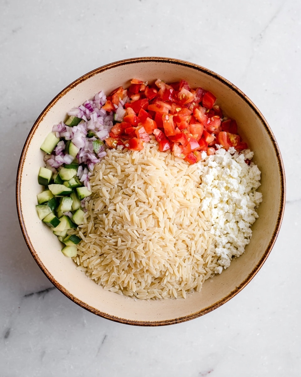 A bowl with three main layers is shown on a white marbled surface. One layer holds small diced vegetables including red tomatoes, green cucumbers, and purple onions, positioned at the top left. Next to it, filling most of the bowl, is a pile of light beige orzo pasta with a smooth and slightly shiny texture. The third layer, on the right side of the bowl, consists of white crumbled cheese with a soft, crumbly texture. The bowl itself is light beige with a brown rim. Photo taken with an iphone --ar 4:5 --v 7