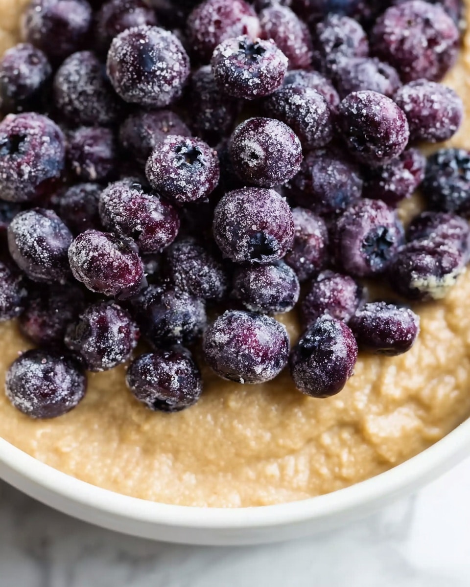 The image shows a close-up of frozen blueberries sitting on a thick layer of light brown batter or dough inside a white bowl. The blueberries are dark purple with a frosty coating of ice crystals, giving them a textured, powdery look. The batter beneath is smooth but has some visible air bubbles and a slightly grainy texture. The white bowl’s edge curves softly at the bottom of the image, and the background is a white marbled texture. photo taken with an iphone --ar 4:5 --v 7